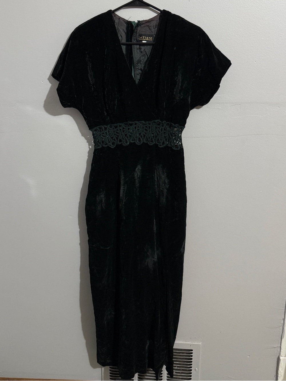 Vintage Dress Womens M Crushed Velvet Crochet Embroidered Waist Deep Green Maxi